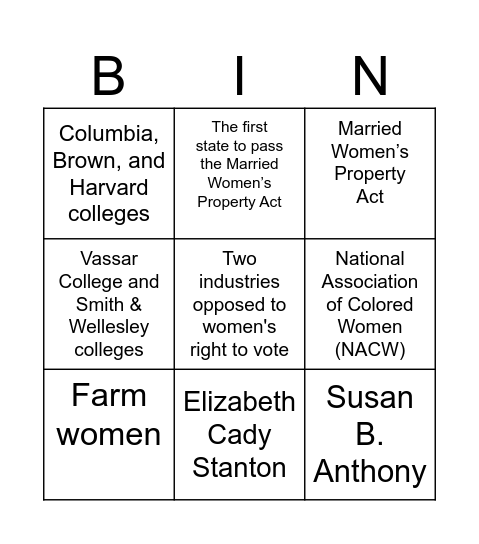 Women in Public Life Bingo Card