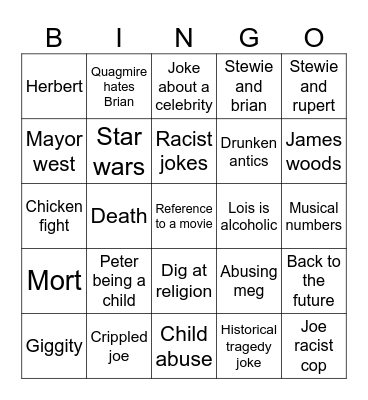 Family Guy Bingo Card