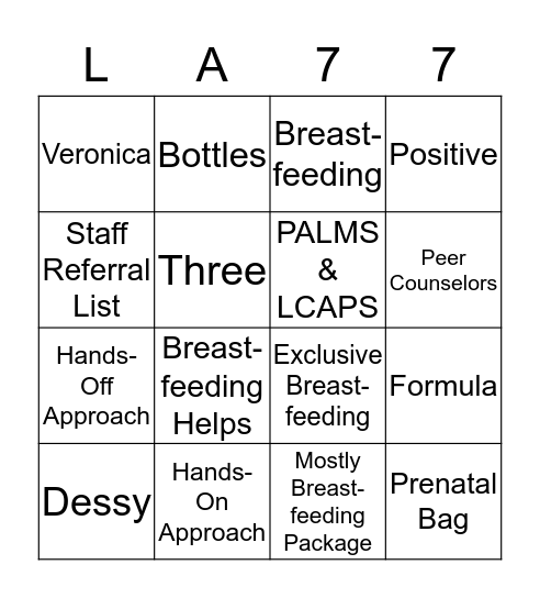 Breastfeeding Promotion & Support Standards Bingo Card
