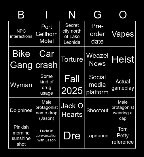 GTA VI Bingo Card