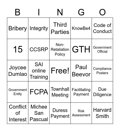 COMPLIANCE BINGO Card