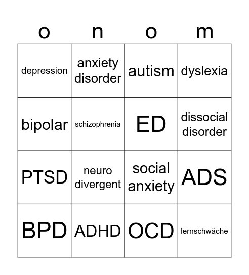 mental illness Bingo Card