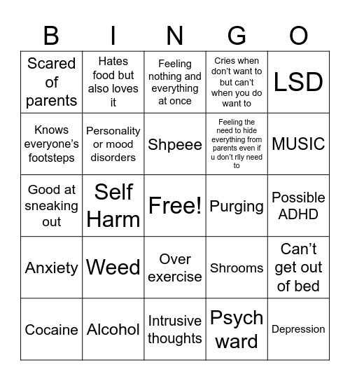 MENTAL ILLNESS Bingo Card