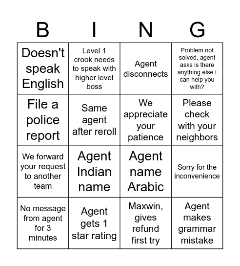 Amazon Customer Support Bingo Card