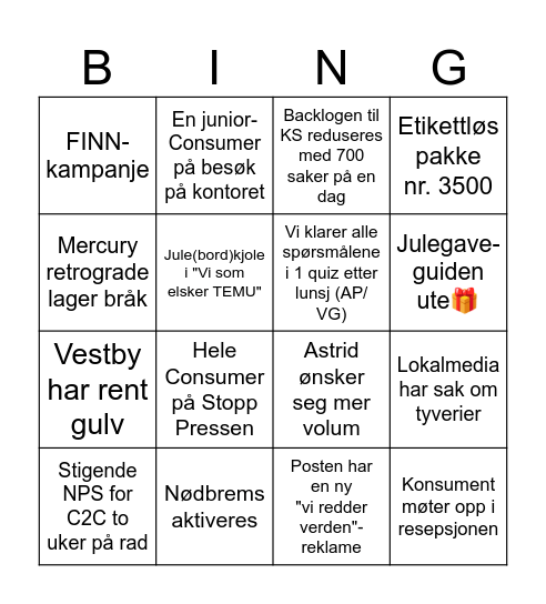 Høysesong Bingo (fra 01.11 - 20.12) Bingo Card