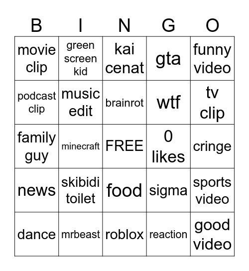 youtube shorts bingo Card