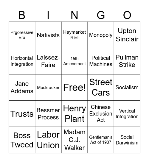 Gilded Age Bingo! Bingo Card