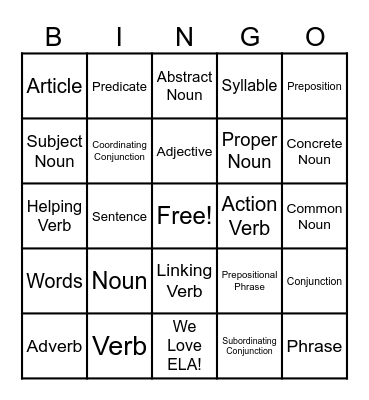 Parts of Speech Bingo! Bingo Card