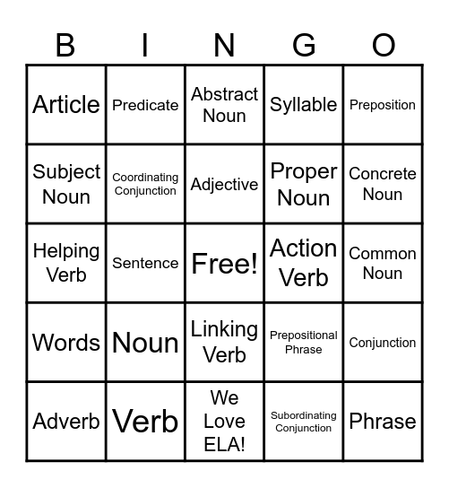 Parts of Speech Bingo! Bingo Card