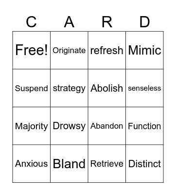 Vocabulary Bingo Card