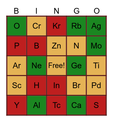 ELEMENTS Bingo Card