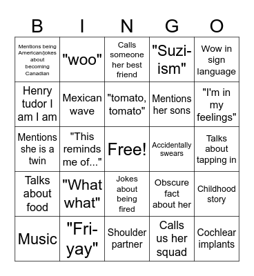 Suzi-isms Bingo Card
