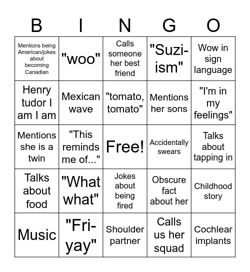 Suzi-isms Bingo Card