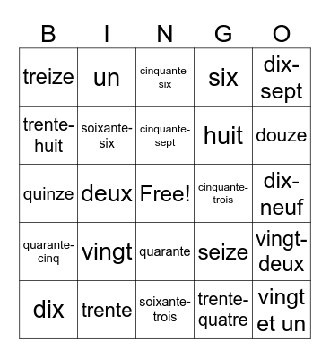 French Numbers Bingo Card