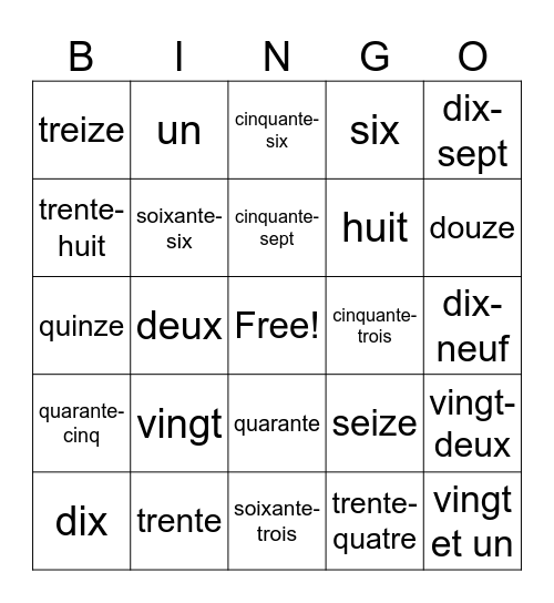 French Numbers Bingo Card