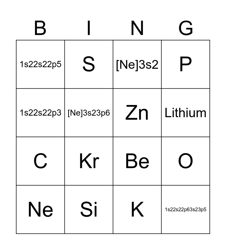 Electron Configurations Bingo Card