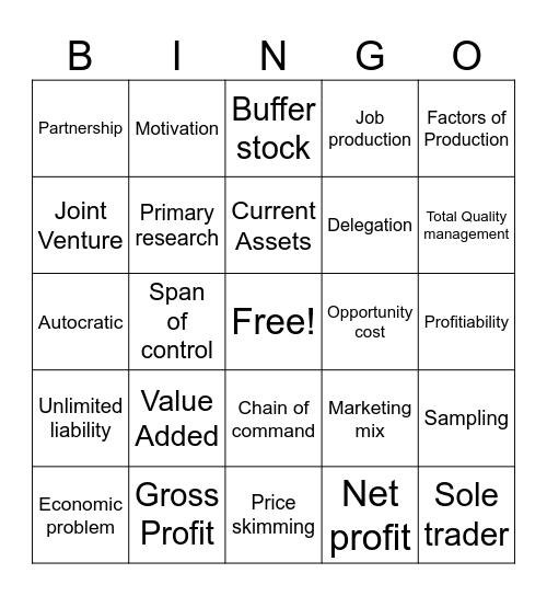 Business Studies Bingo Card