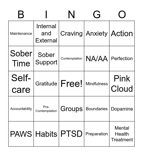 Recovery Bingo Card