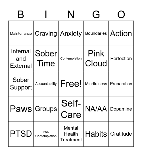 Recovery Bingo Card