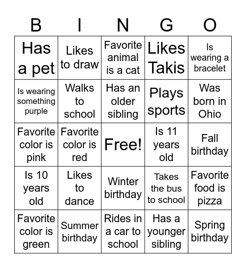 About Me Bingo Card