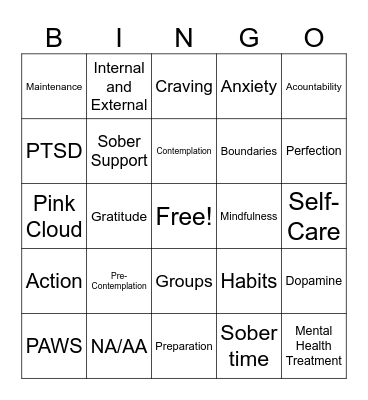 Recovery Bingo Card