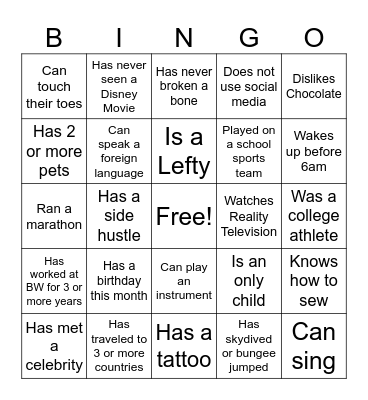 Get to know your team BIGNO Bingo Card