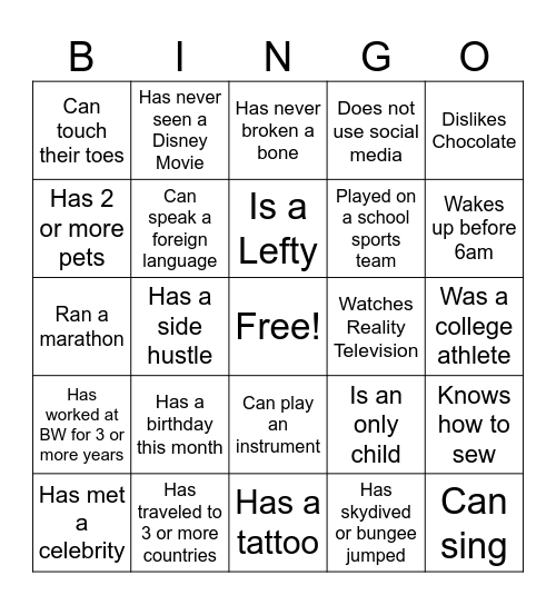 Get to know your team BIGNO Bingo Card