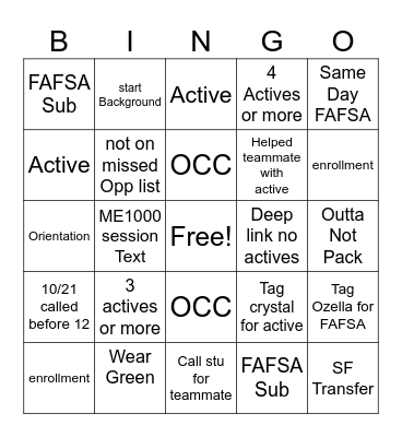 Start Day Bingo Card