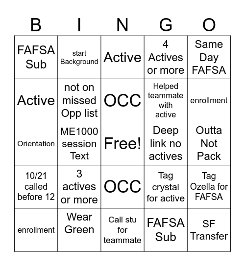 Start Day Bingo Card