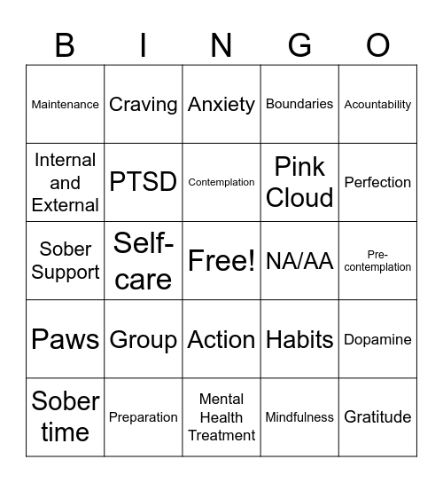 Recovery Bingo Card