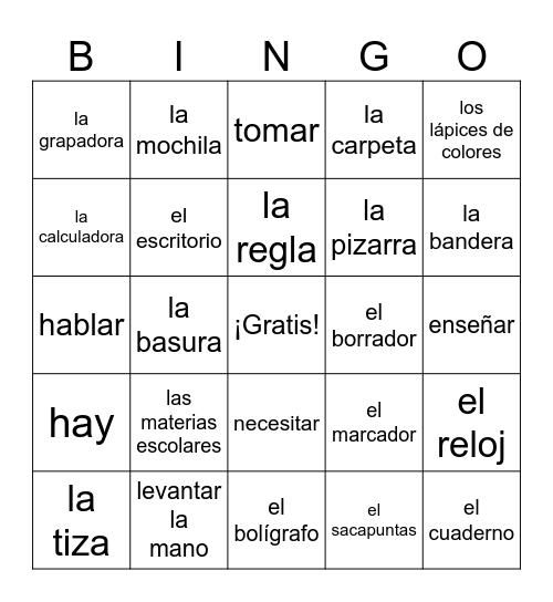 Las Cosas en Las Clases Bingo Card