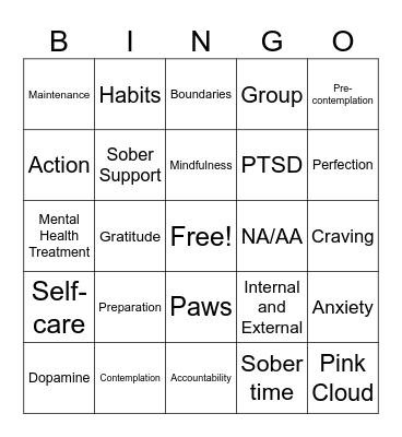 Recovery Bingo Card