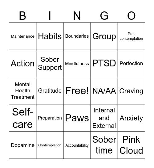 Recovery Bingo Card