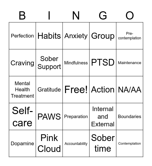 Recovery Bingo Card
