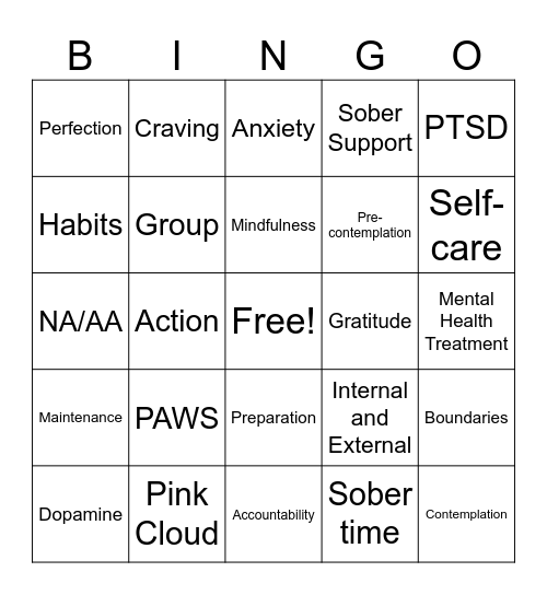 Recovery Bingo Card