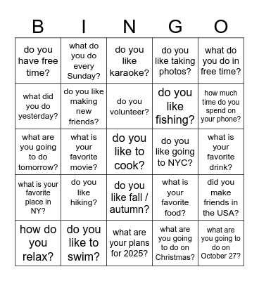 free time Bingo Card