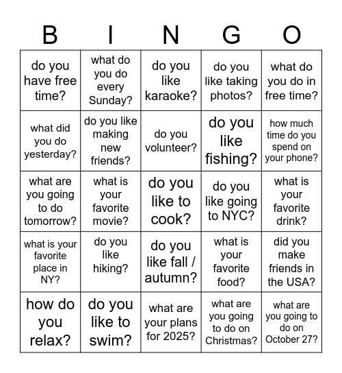 free time Bingo Card