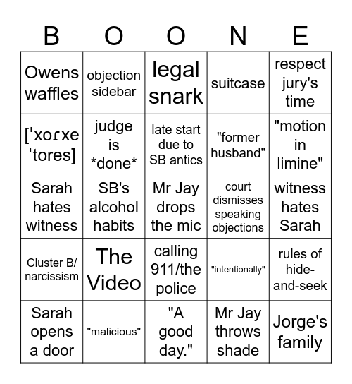 Florida v Sarah Boone Bingo Card