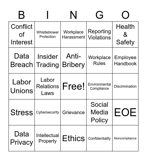 Compliance Bingo Card