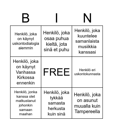 Uskontodialogi tutustumisbingo Card