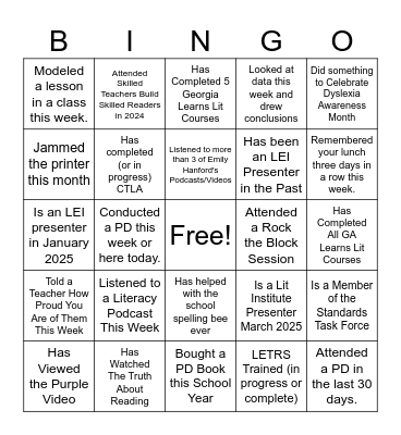 Literacy Leaders Bingo Card