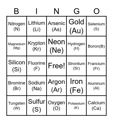 Periodic Table Bingo Card