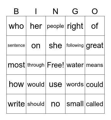 Sight Words Bingo Card