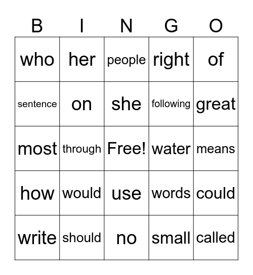 Sight Words Bingo Card