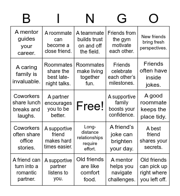 Relationship Bingo Card
