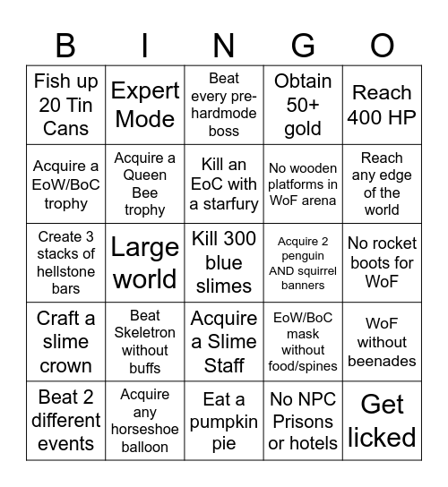 Terraria Pre-Hardmode Bingo Challenge Bingo Card