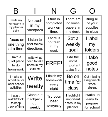 Organization Skills Bingo Card