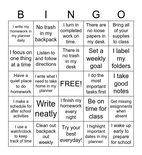 Organization Skills Bingo Card