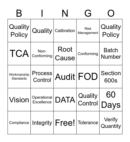 Quality Week Bingo Card