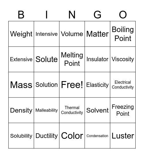 Physical Properties of Matter Bingo Card